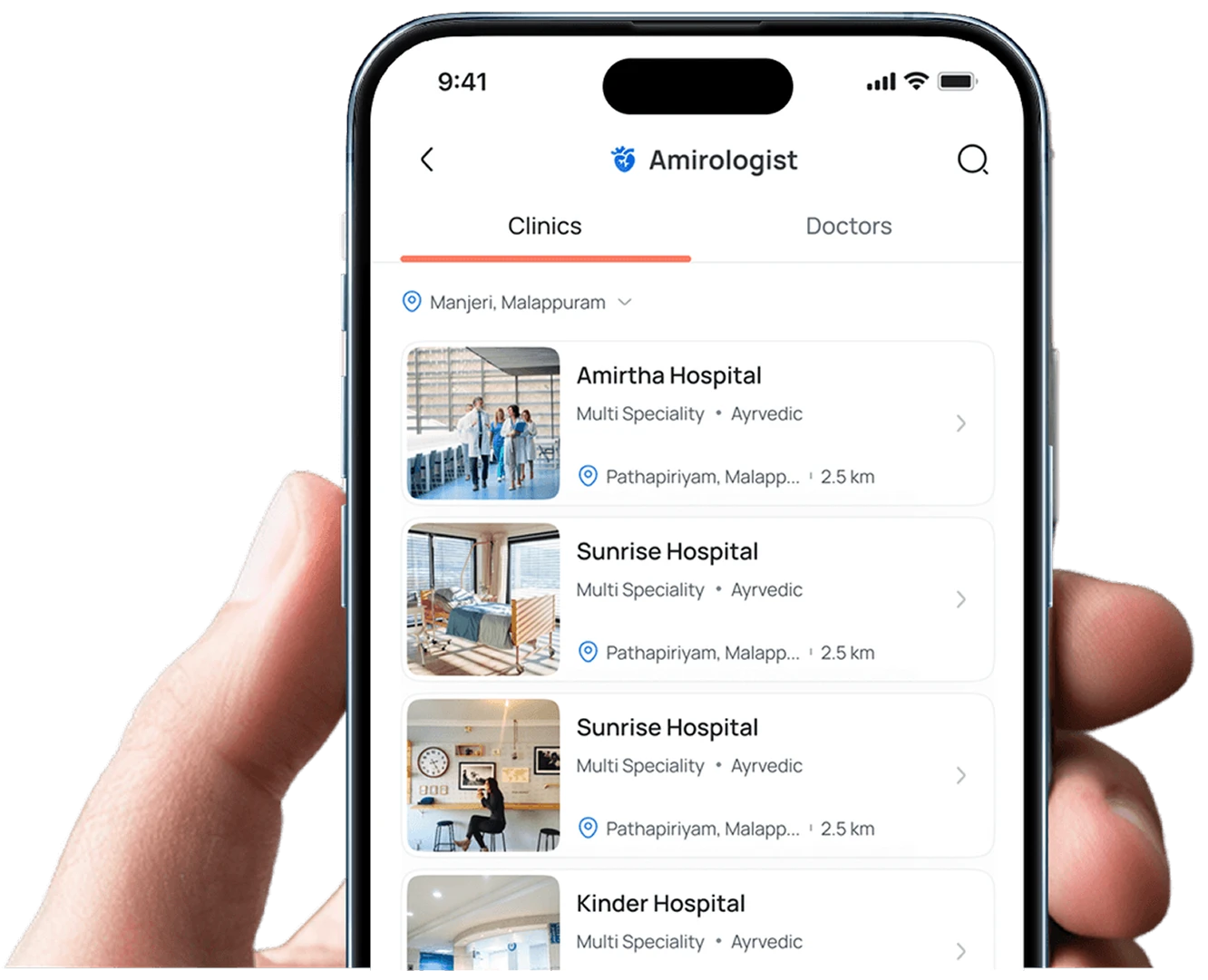 A hand holding a phone that shows the Aptly Care list of nearby clinics