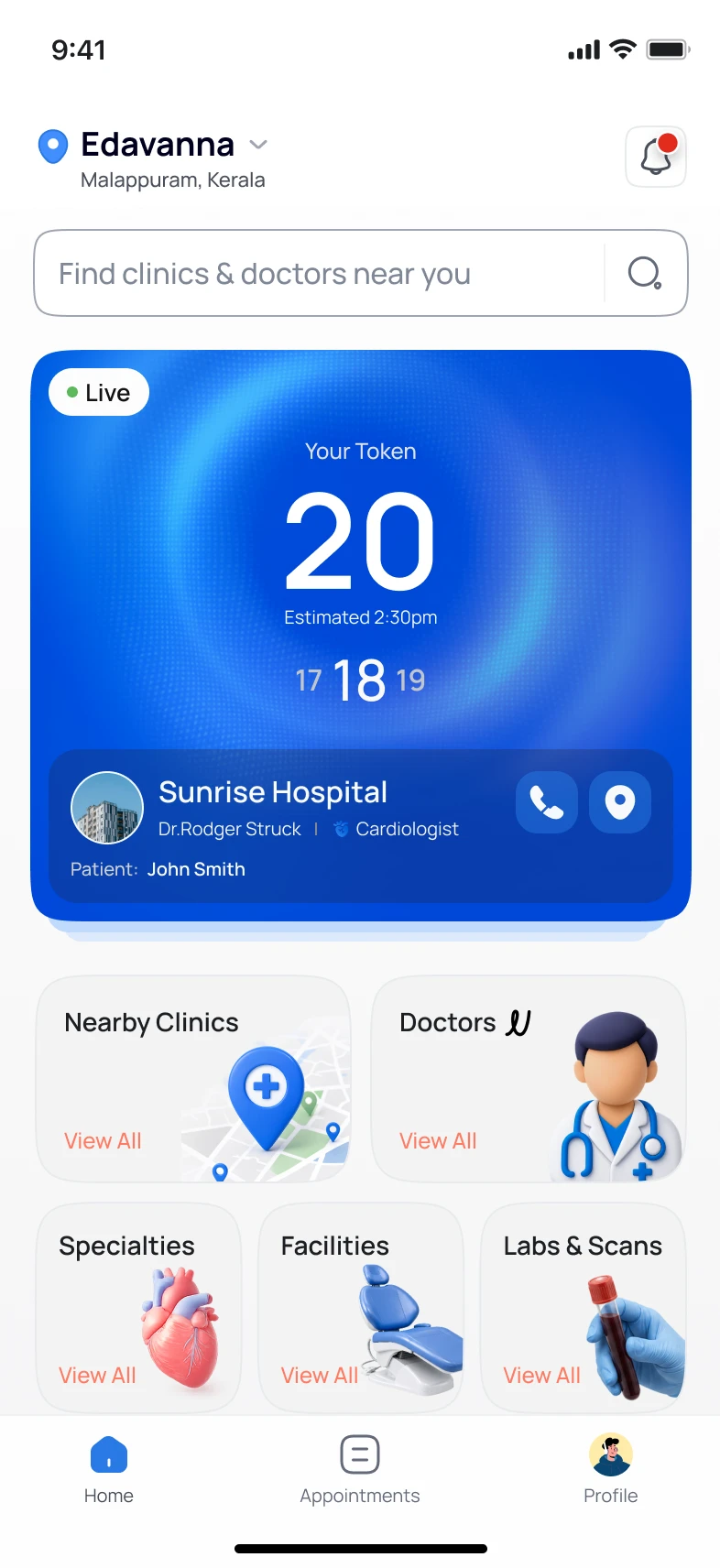 Aptly Care app home screen with a live token, nearby clinics, doctors, specialties, facilities and labs and scans