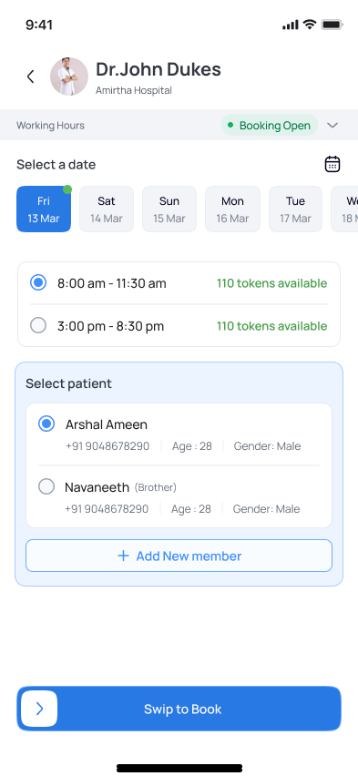 Booking screen with date selection, session timings, tokens available, patient selection and swipe to book