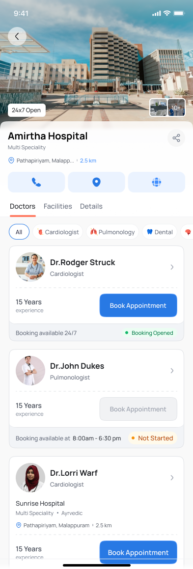 Clinic profile Doctors tab with call, directions and website buttons and doctors with booking status