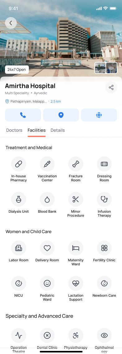 Clinic profile Facilities tab showing facilities grouped by category such as treatment, women and child care