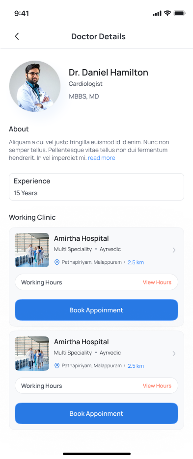 Doctor details with qualifications, experience and the clinics where the doctor works