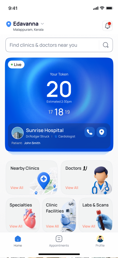 Aptly Care home screen with a live token card, nearby clinics, doctors, specialties, facilities and labs and scans