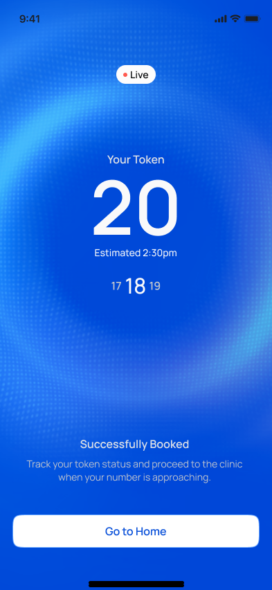 Successful booking screen showing your token number, estimated time and the tokens around yours