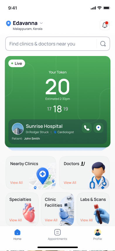 Home screen with a live token card showing your token, estimated time and the current number